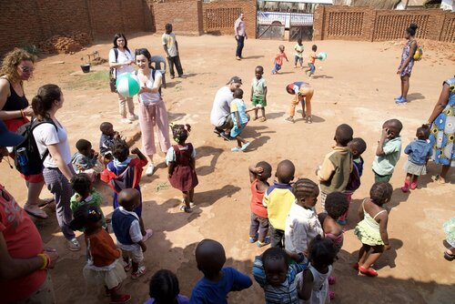 Aerial view of children playing in the courtyard